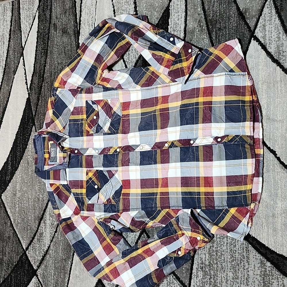 BKE ATHLETIC FIT PLAID ACID-WASH PEARL SNAP-BUTTON LONG-SLEEVED SHIRT L